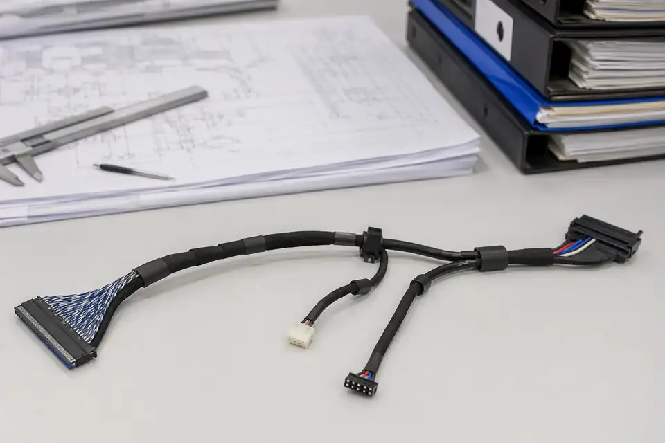LVDS engineering drawing-set review with routed harness foreground and controlled document context