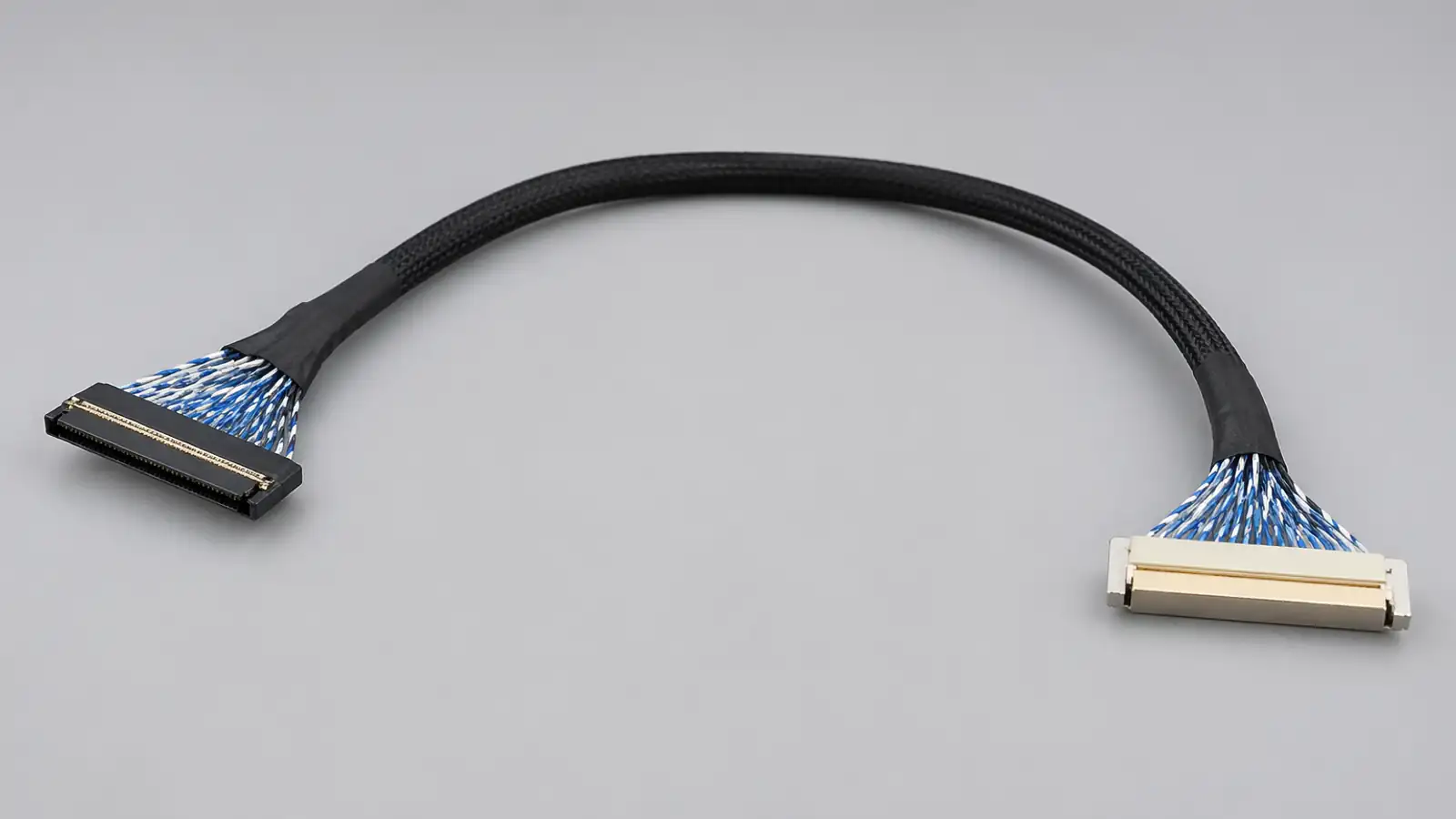 LVDS cable assembly hero image showing board-to-panel connector detail and stable routed harness structure
