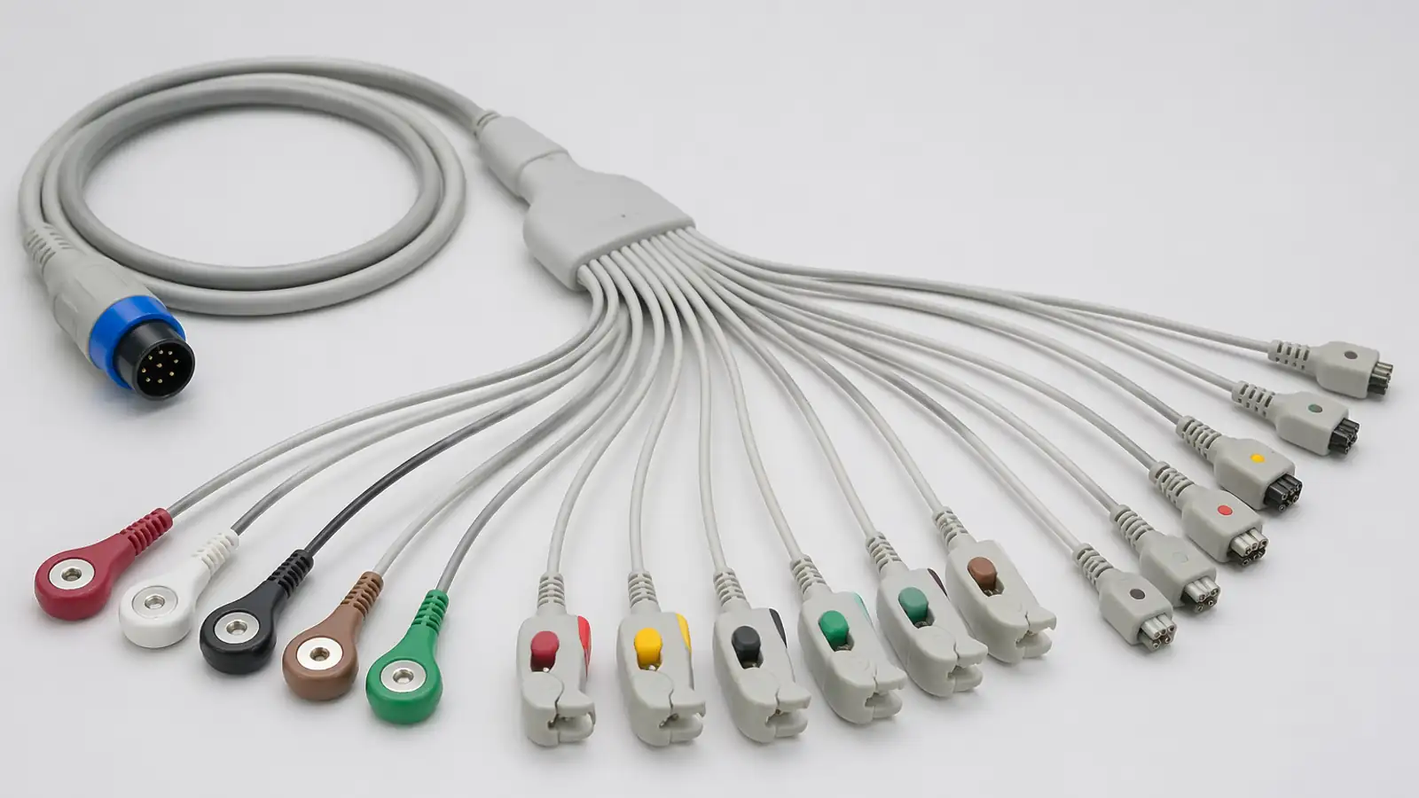 Medical cable assembly hero image showing clean medical interconnect detail and realistic multi-branch harness structure