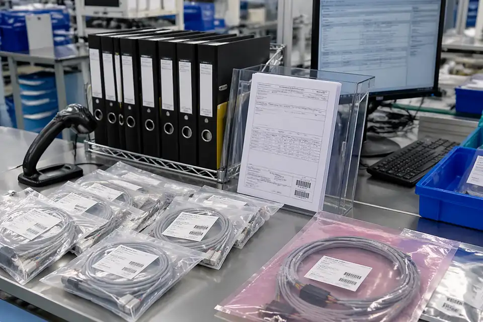 Medical batch-traceability and release-record scene with packed assemblies context