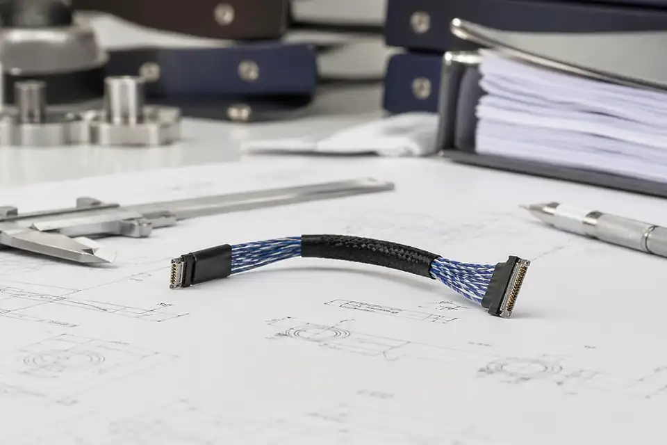 Micro-coaxial engineering drawing-set review with compact harness foreground and controlled document context
