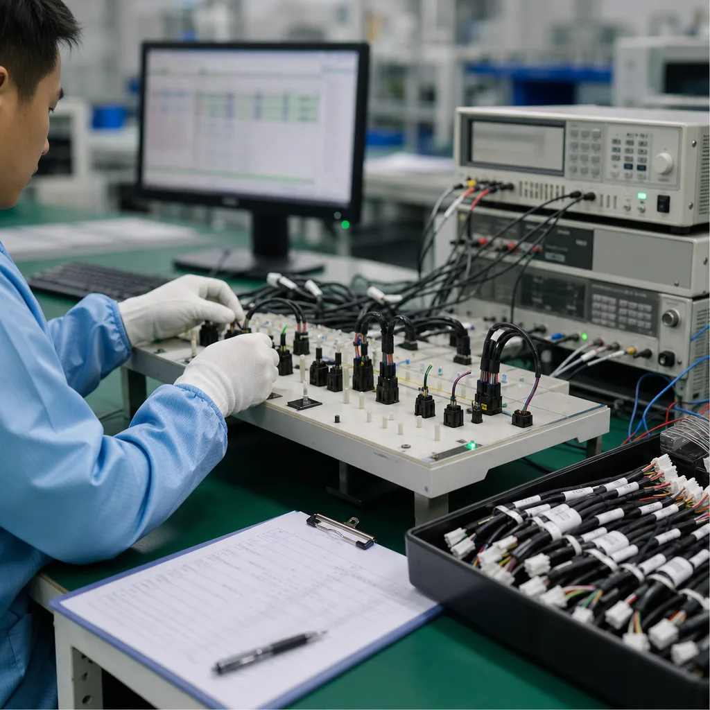 Cable assembly electrical testing station with test fixture, harness sample, result screen, and batch test record