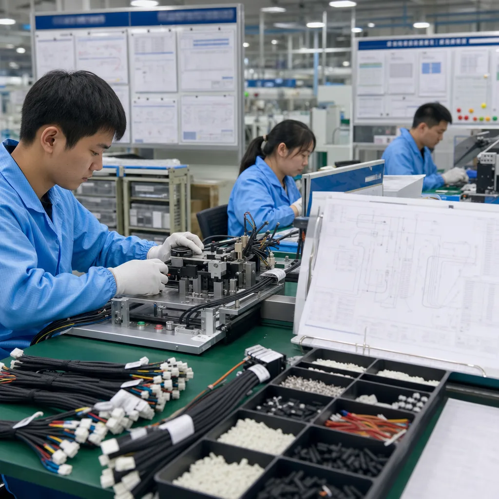 Build-to-print cable assembly workstation with controlled customer drawing, BOM checklist, operator work instruction, and change-control board