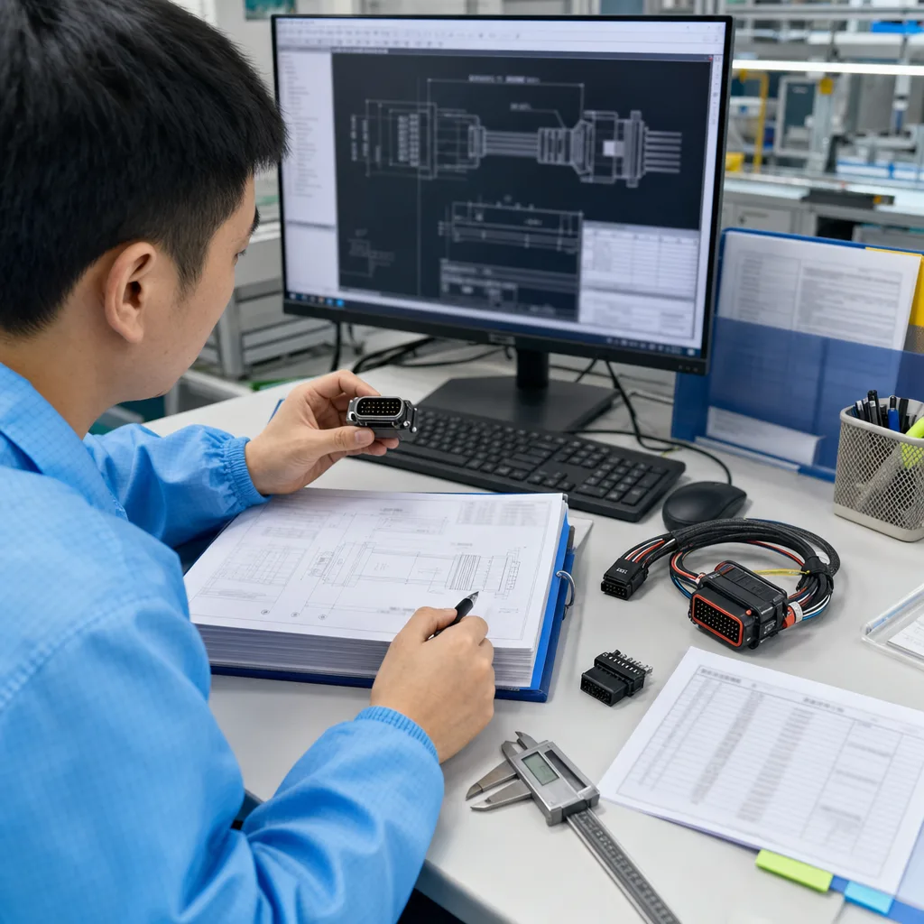 Engineering review workstation with connector samples, calipers, and a CAD drawing under cross-check
