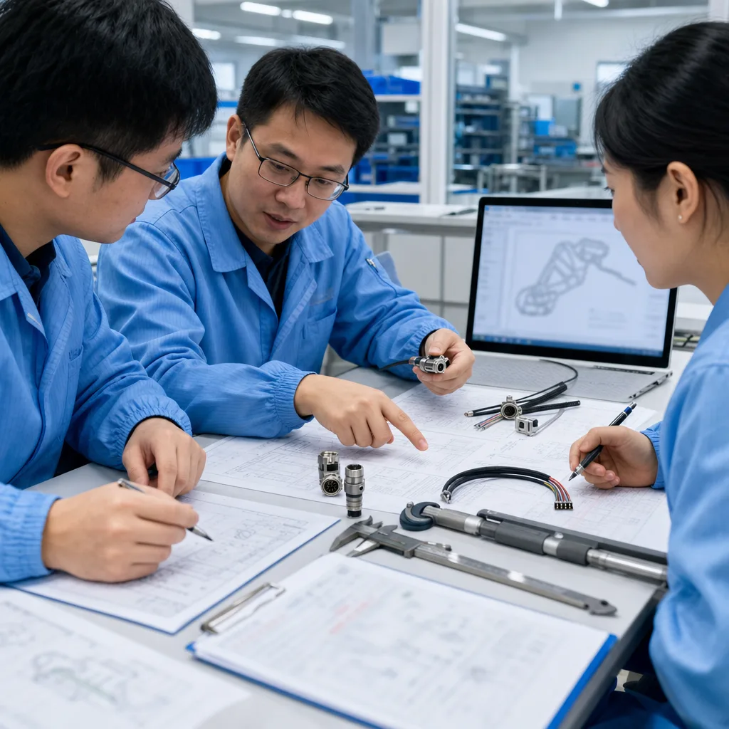 Cable assembly DFM review desk with connector samples, customer drawing, engineering notes, and written feedback checklist