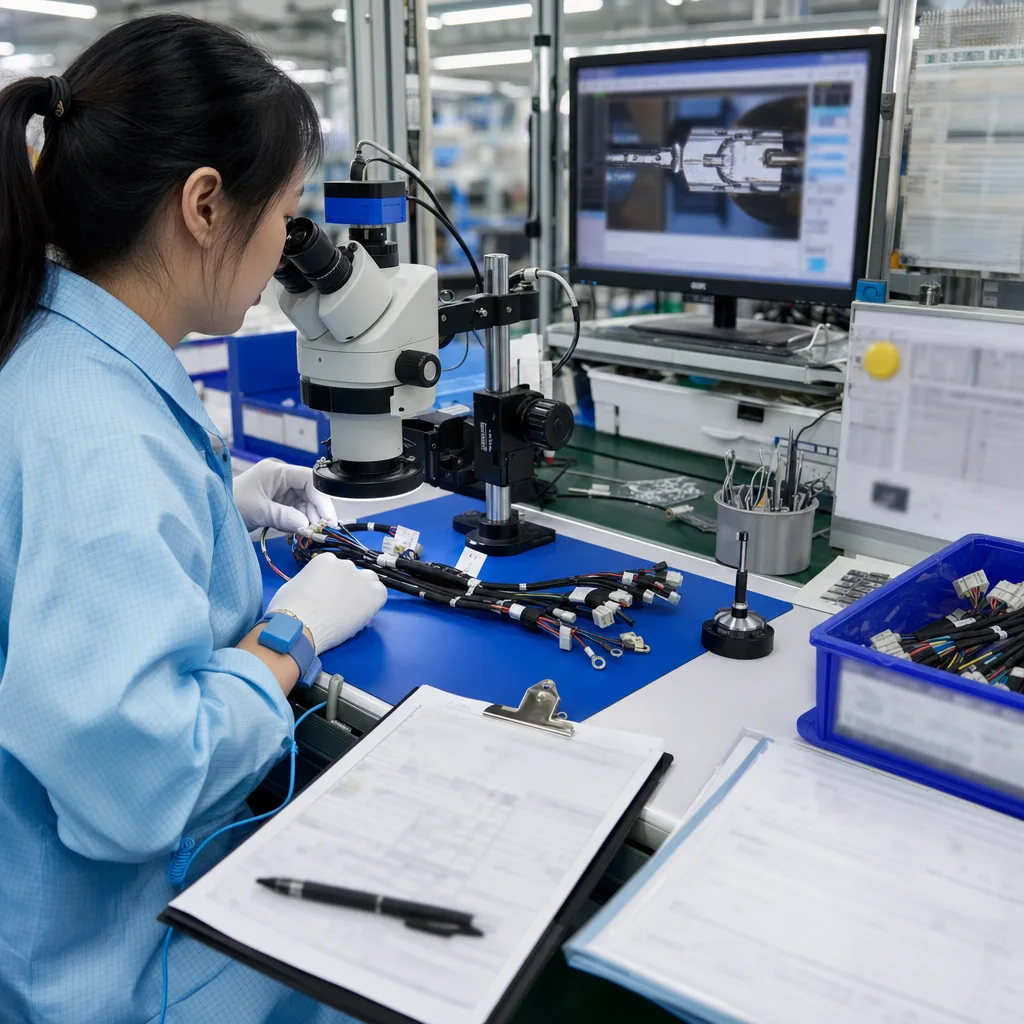 IPC/WHMA-A-620 cable and harness inspection workstation with harness sample, microscope, ESD wrist strap, and inspection record folder