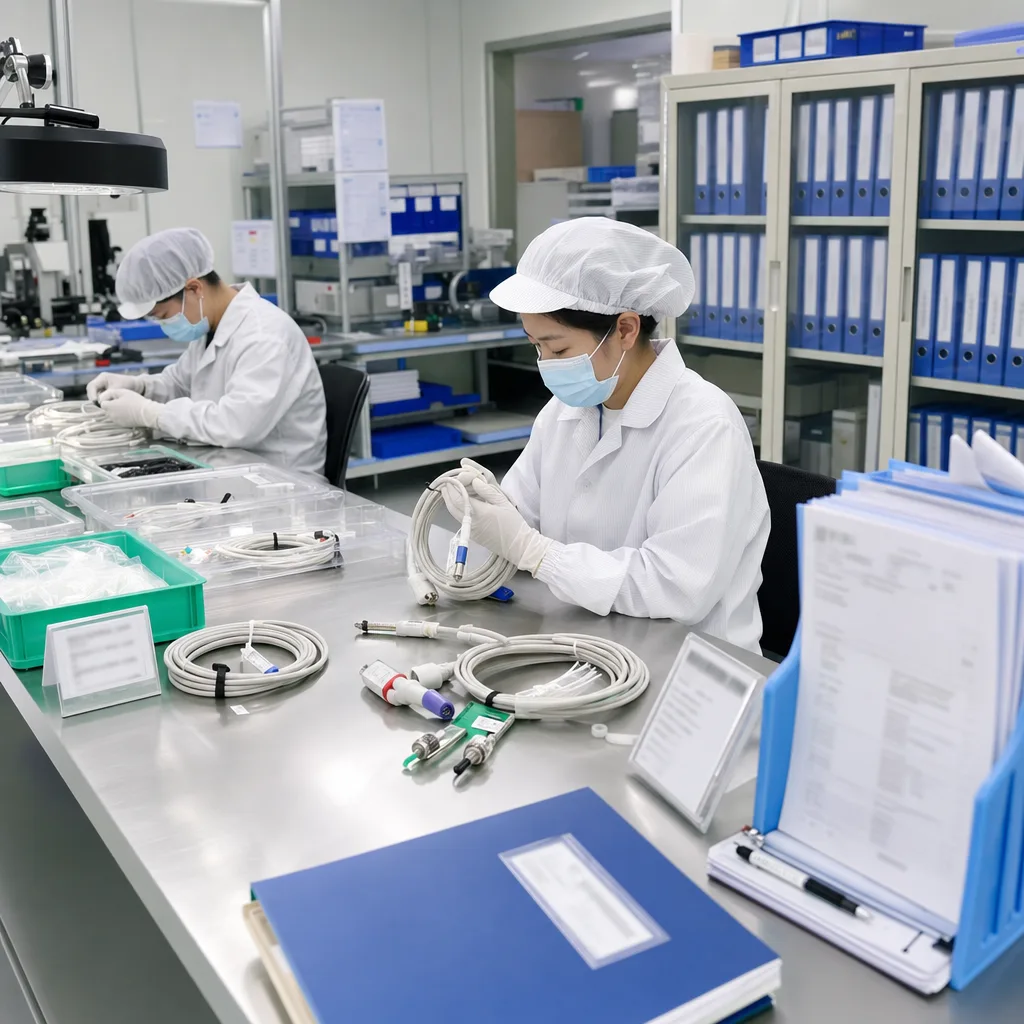 Medical cable assembly quality workspace with clean handling area, batch labels, risk record folder, and controlled medical project documents