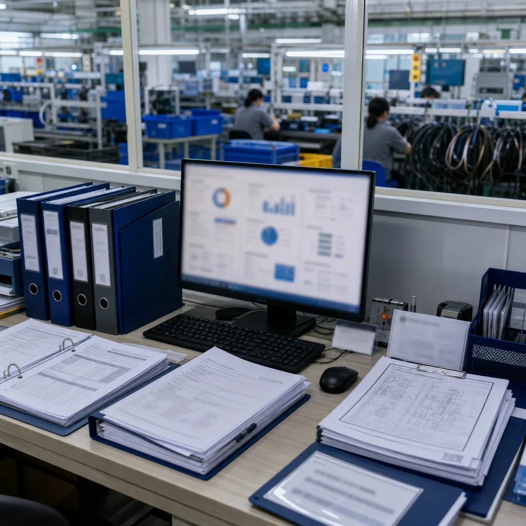 ISO 9001 quality management workspace with controlled procedure files, audit checklist, corrective action record, and cable project documents