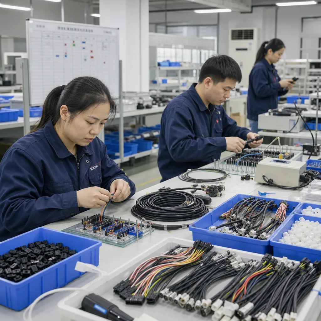 High-mix flexible cable production cell with multiple project stations running in parallel