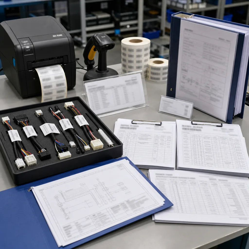 Project documentation and batch traceability workstation with controlled drawings, sample confirmation tray, batch labels and inspection records
