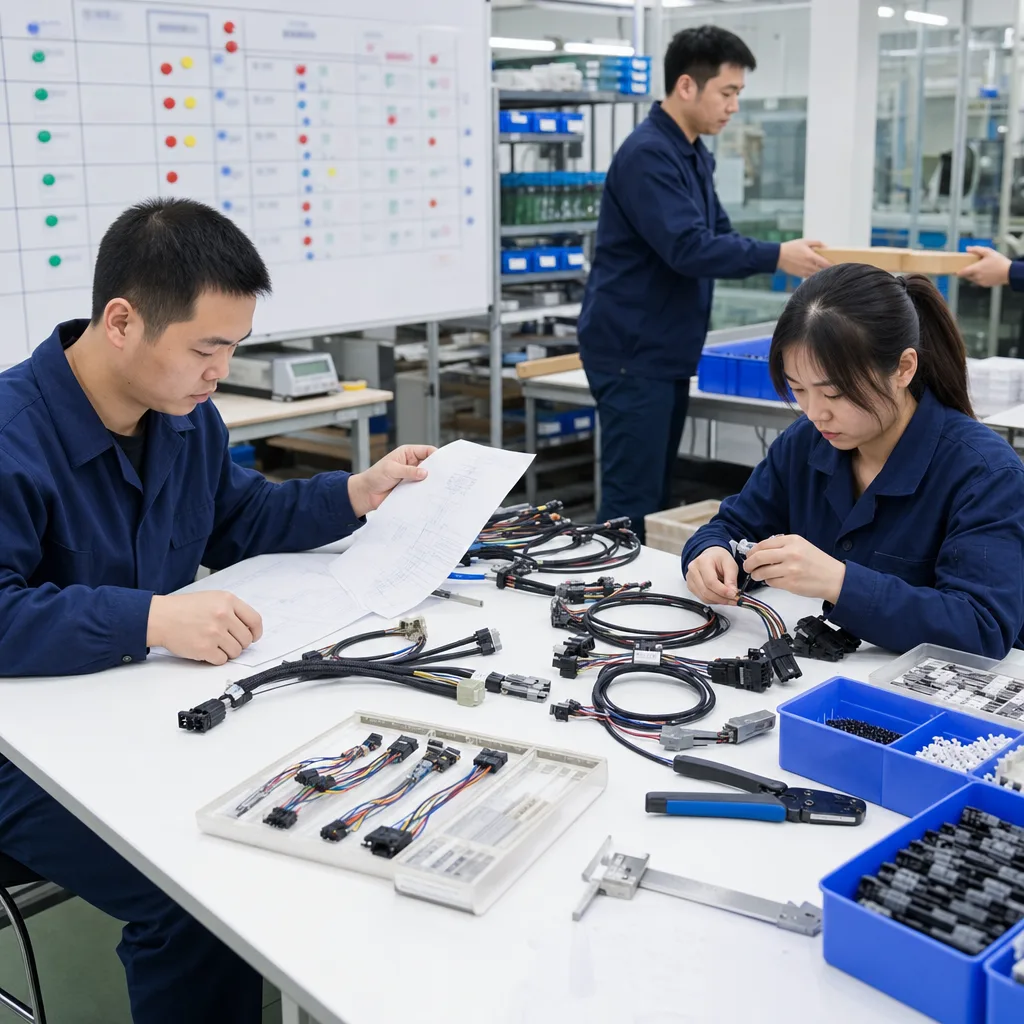 Rapid cable assembly prototype station with sample trays, project schedule board, connector kits, and outgoing sample documents